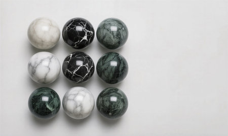 Close-up of marble balls on white background with copy space.の素材