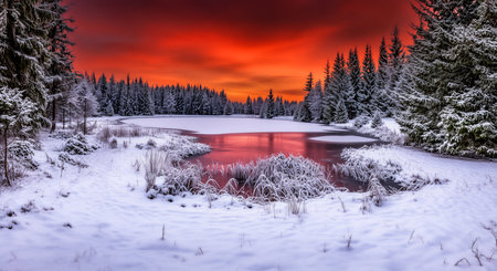 Beautiful winter landscape with lake frozen and snowy forest at sunset.の素材