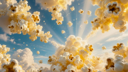 Popcorn flying in the blue sky. 3d render illustration.の素材