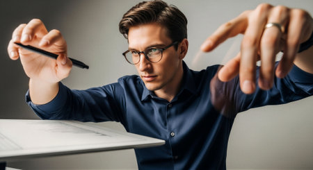 young businessman in eyeglasses and blue shirt drawing with stylus in officeの素材