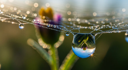 Drops of dew on a spider web in the morning.の素材