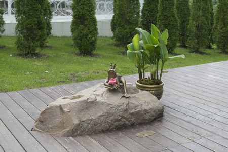 A bronze statuette of Princess Frog sitting on a boulder in the park front viewの写真素材