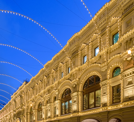 Night illumination of the building, an ornate lots of glowing light bulbsのeditorial素材