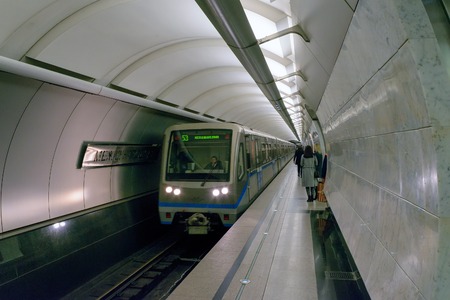 Moscow, Russia - March 29, 2016: Train arrives at the station "International" of Moscow Metroのeditorial素材
