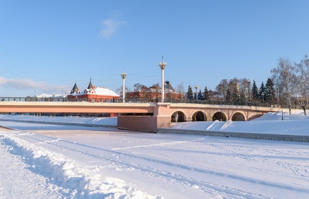 Orel, Russia - January 24, 2016: View of the Alexander's bridge over the frozen river Orlik  in winterのeditorial素材