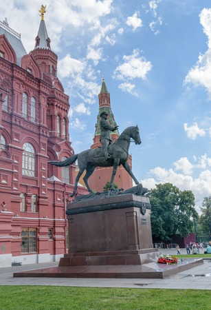 Moscow, Russia - July 07, 2016: Bronze statue of Marshal Zhukov near the building of the Historical Museum on Red Squareのeditorial素材