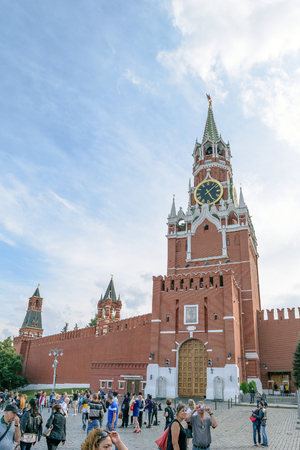 Moscow, Russia - July 07, 2016: People on the Red Square in front of the gate Borovitsky of the Kremlin Spassky Towerのeditorial素材