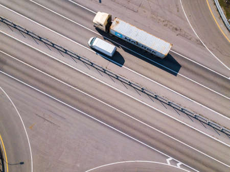 Aerial drone top down video. Highway traffic.の写真素材