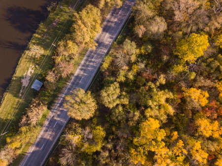 Aerial drone top down video. Mountain road traffic. Rostov region.の写真素材