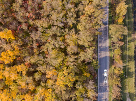 Aerial drone top down video. Mountain road traffic. Rostov region. Russia.の写真素材