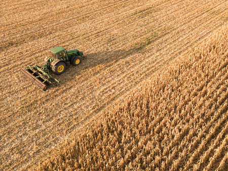 Aerial view on the combine working on the large corn field.の写真素材