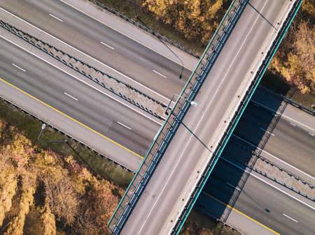 Aerial drone top down video. highway traffic.の写真素材