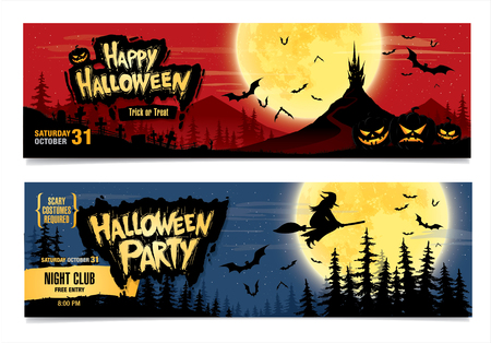 Happy Halloween. Halloween party. Two vector banners. Color illustrationのイラスト素材