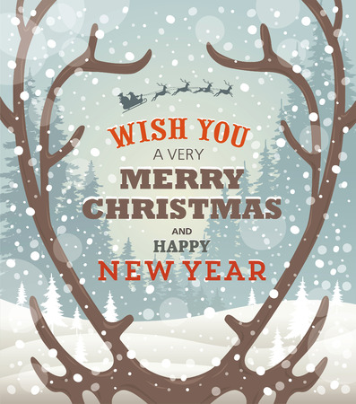 Christmas greeting card. Reindeer antlers. Santa Claus riding in a sleigh with reindeerのイラスト素材