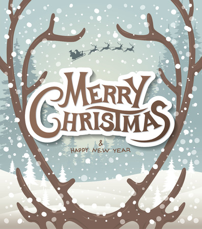 Christmas greeting card. Reindeer antlers. Santa Claus riding in a sleigh with reindeerのイラスト素材