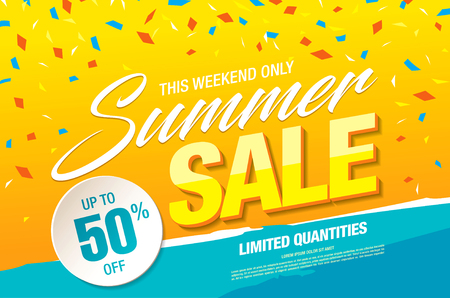 Summer sale template banner in bright colors, vector illustrationのイラスト素材
