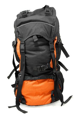 Used tourist backpack isolated on whiteの写真素材