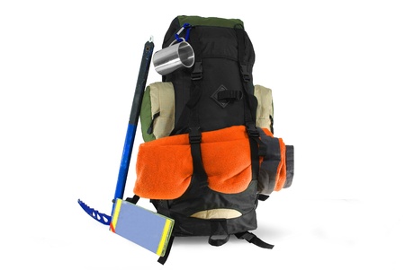 Backpack with tourist equipment - isolated on white