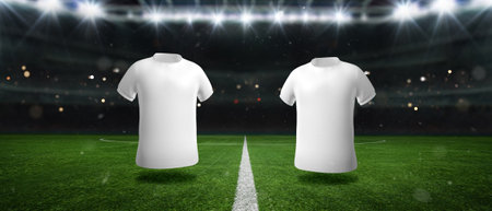 A soccer ball in the stadium before the game with team copyspace, 3D Illustrationの写真素材