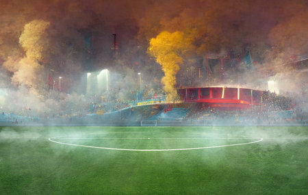 Soccer stadium with untra fans, shiny lights, view from field 3D Illustrationの写真素材