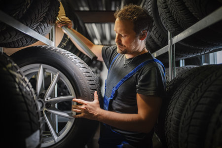 Hard working experienced worker holding tire and he wants to change it in the tire store. Selective focus on tire.の写真素材