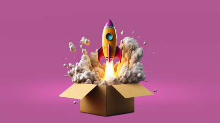 Launch of a red rocket from a cardboard box. 3D illustration, Generative AI. Successful start concept.の素材