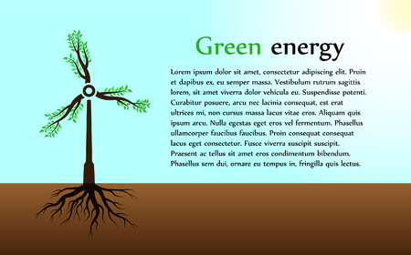 The concept of green energy in the form of a wind turbine with branches and green leaves.のイラスト素材