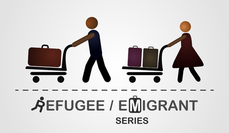 The man and woman move with luggage on the cart.  Illustration created on the grey background. Emigrant / refugee seriesのイラスト素材