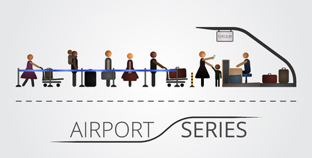 The people stand in a queue for the flight registration desk. Illustration includes icon of people and registration desk contruction. Airport seriesのイラスト素材