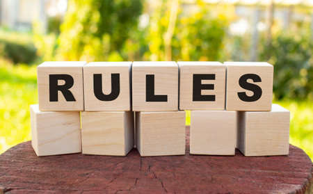 The word RULES is made up of wooden cubes lying on an old tree stump against a blurred garden background. Business concept.の写真素材
