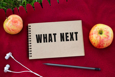 A notebook with the inscription WHAT NEXT. Nearby are headphones and an apple. Red plaid and green grass in the background. Concept for design.の写真素材