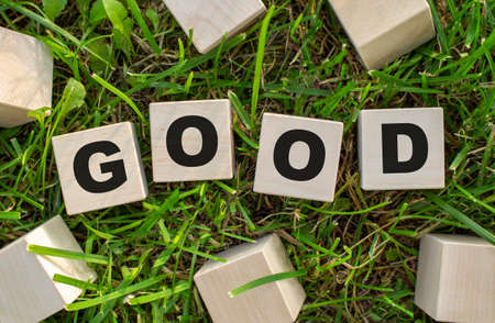 The word GOOD is written on wooden cubes. The blocks are located on green grass with sunlight. Selective focus.の写真素材