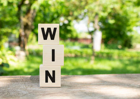 Wooden cubes are stacked vertically on a wooden table in the garden. The word WIN is written in black letters. Concept for your designの写真素材