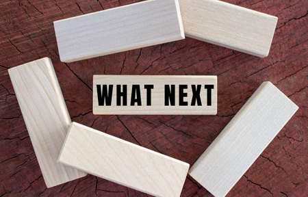 The text WHAT NEXT is written on a wooden cube lying on an old tree stump. business concept.の写真素材