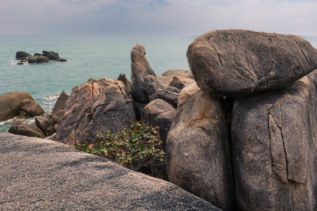 Hin Ta and Hin Yai Rocks known as Grandpa and Grandma popular tourist attraction, Samui, Thailandの写真素材