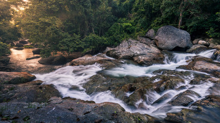 River with waterfall flows over granite boulders through dark dense rainforest, Koh Samui, Thailandの写真素材
