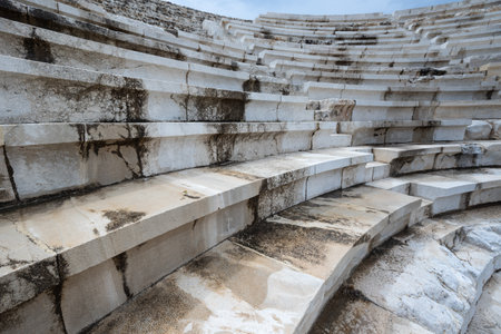 Modern restoration of rows of marble sits in antique Greek theatre, TÃ¼rkiyeの写真素材