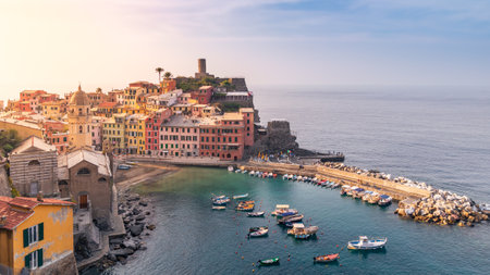 Mediterranean town on rocky coast of Cinque Terre with colorful buildings at sunrise, Vernazza, Italyの写真素材