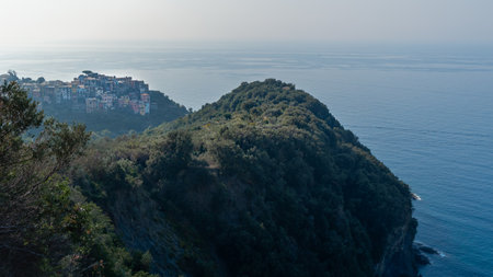 Mediterranean coastline with forested mountain and historical town in Cinque Terre, Corniglia, Italyの写真素材