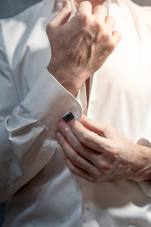 Male torso in white shirt with hands fastening cufflinks on sleeves