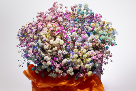 Colorful gypsophila flower bouquet  in decorated vase isolated against white backgroundの写真素材