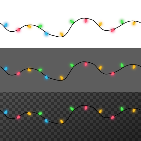 Set of color garlands, festive decorations. Glowing christmas lights isolated on transparent, white and gray background. Vector seamless horizontal objects.のイラスト素材