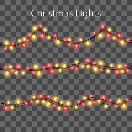 Set of color garlands, festive decorations. Glowing christmas lights isolated on transparent background. Vector seamless horizontal objects.のイラスト素材