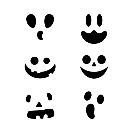 Halloween pumpkin faces icons set. Scary faces isolated on white background. Template for Halloween greeting card poster, brochure or flyer. Vector illustrationのイラスト素材