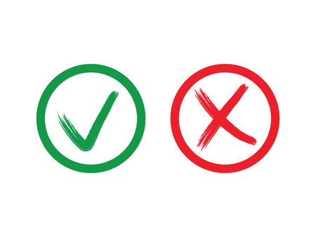 Tick and cross signs. Green checkmark OK and red X icons, Simple marks graphic design. Symbols YES and NO button for vote, Check box list icons. Check marks vectorのイラスト素材