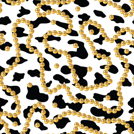 Vector Realistic isolated golden beads necklace and Leopard seamless pattern. Animal print. Vector background.animal skin, tiger stripes, abstract pattern, Gold pearls seamlessのイラスト素材