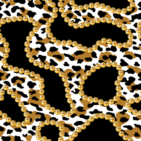 Vector Realistic isolated golden beads necklace and Leopard seamless pattern. Animal print. Vector background.animal skin, tiger stripes, abstract pattern, Gold pearls seamlessのイラスト素材