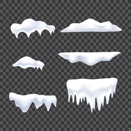 Snow caps, snowballs and snowdrifts set. Snow cap vector collection. Winter decoration element. Snowy elements on winter background. Cartoon template. Snowfall and snowflakes in motion. Illustration.のイラスト素材