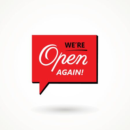 Were open again on speech bubble text vintage. welcome icon sign after quarantine, vector illustration of small business owner welcoming customers, information re-opening of shop, service, cafe, restaurant, barbershop are working againのイラスト素材
