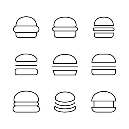 Burger Hamburger icons set. illustration web site line editable stroke icon, meat, beef, food, lettuce, sandwich, meal, grilled, tomato, bun, snack, onion, cheese outline symbol. Fast food vector.のイラスト素材